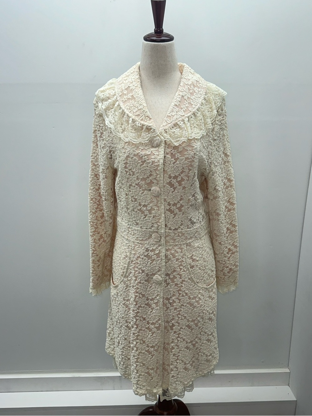 SassyBling Womens Medium Cream Floral Lace Duster Pea Coat Ruffle Coquette